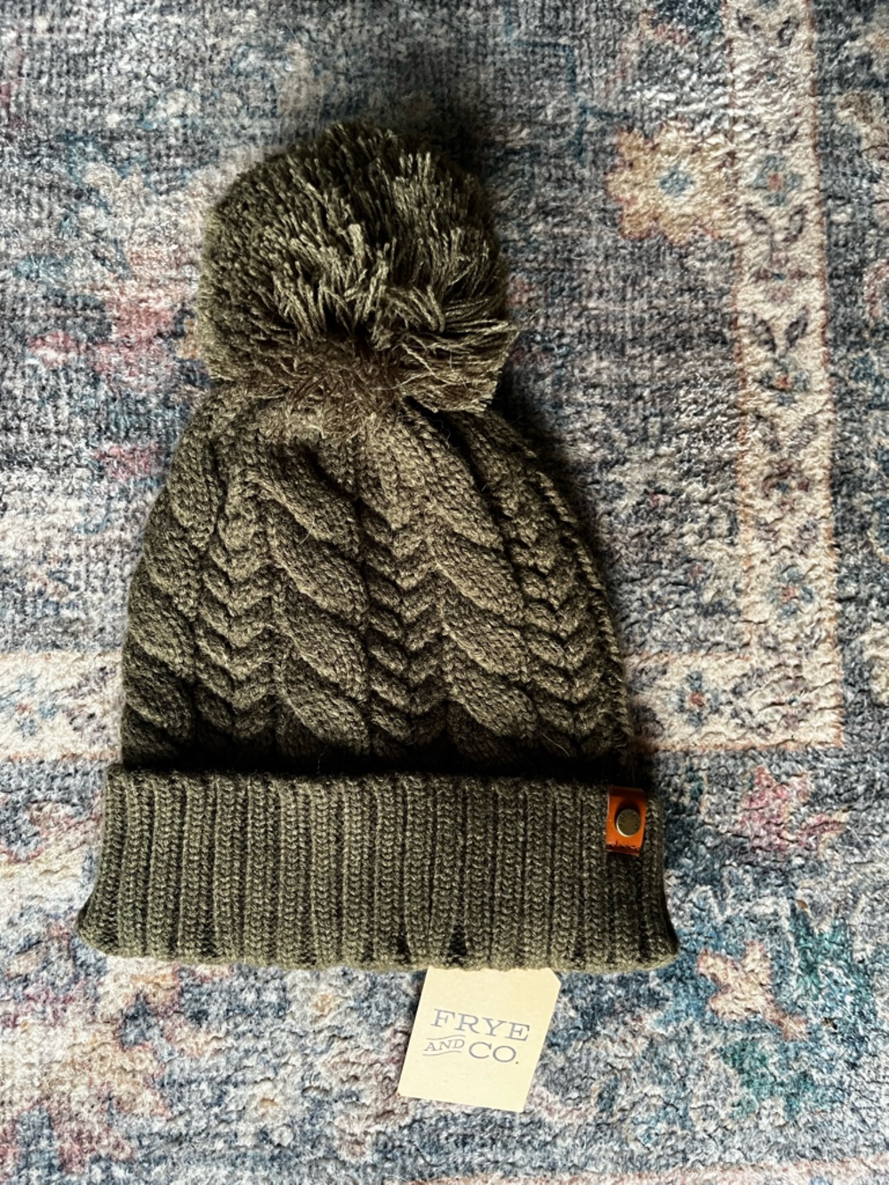 FRYE AND CO. Olive Green Cable Knit Pom Beanie